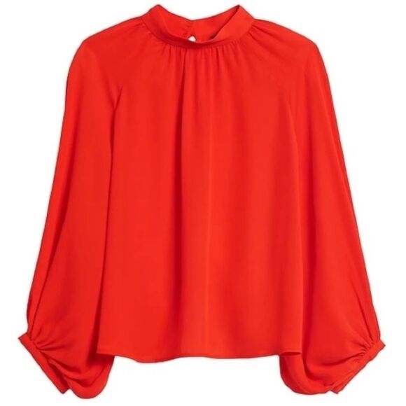 BR XS Vibrant Red Mock Neck Two Button Back Keyhole Long Balloon Sleeve Blouse - Picture 1 of 14